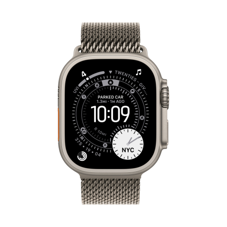 Apple Watch Ultra 3 49 мм, корпус из натурального титана, ремешок Milanese бежевого цвета, размер M
